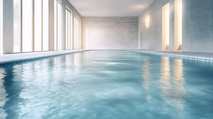 Calm indoor swimming pool with light reflections during daytime