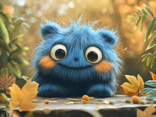 a blue stuffed animal sitting on top of a table su