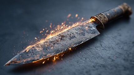 Steel kitchen knife being sharpened with sparks on gray background