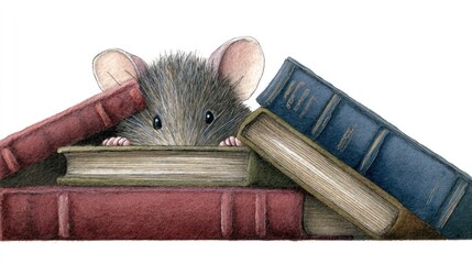 Literary handmade art exploration whimsical mouse among books in cozy library setting