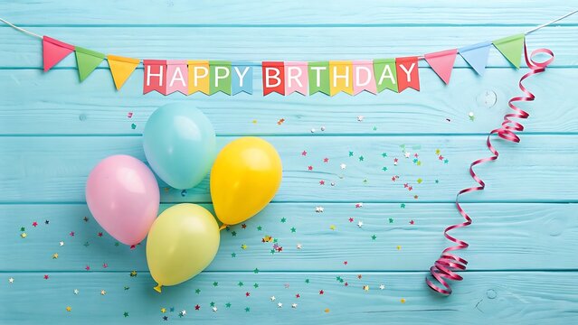 Pastel balloons happy birthday party decorations on blue wooden background