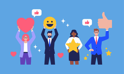 Customer Feedback and Satisfaction Rating. An illustration depicting various forms of positive customer feedback, including hearts, a smiley face, a star, and a thumbs-up.