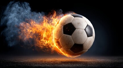 A burning soccer ball on a black background. The passion and power of soccer. Topics related to sports, football, competitions, victory, speed, goal, championship, betting.