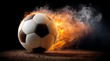 Fototapeta premium A burning soccer ball on a black background. The passion and power of soccer. Topics related to sports, football, competitions, victory, speed, goal, championship, betting.