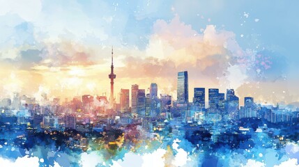 Fototapeta premium Serene cityscape at sunrise with towering buildings