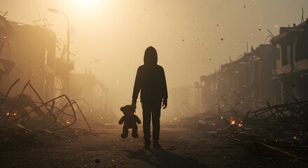  Hooded child holding teddy bear in apocalyptic cityscape