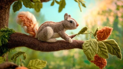 Fototapeta premium Handmade art of a squirrel in a lush forest literary inspiration nature scene warm lighting whimsical viewpoint