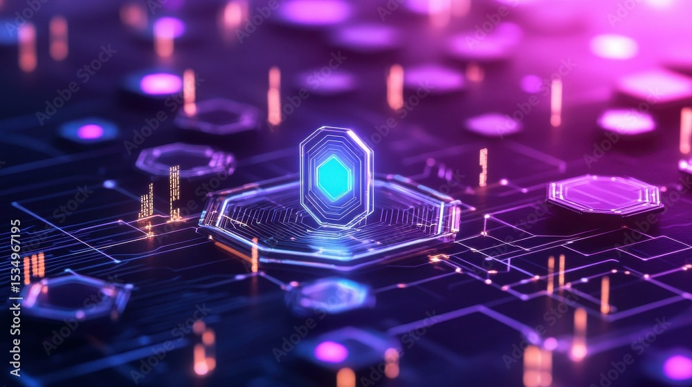 Aufkleber glowing hexagonal digital symbol in abstract circuitry environment