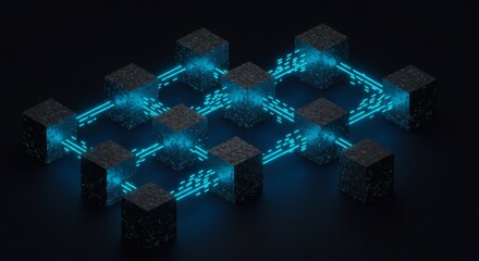 Abstract Network Interconnected Cubes with Glowing Data Streams
