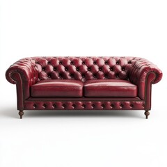 Fototapeta premium Elegant red leather tufted sofa with wooden legs in studio