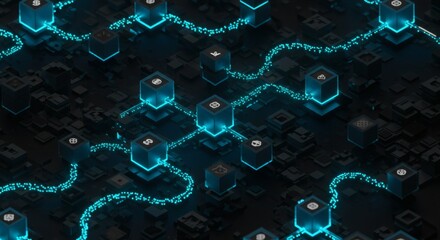 Abstract Data Flow Network of Cubes and Glowing Lines