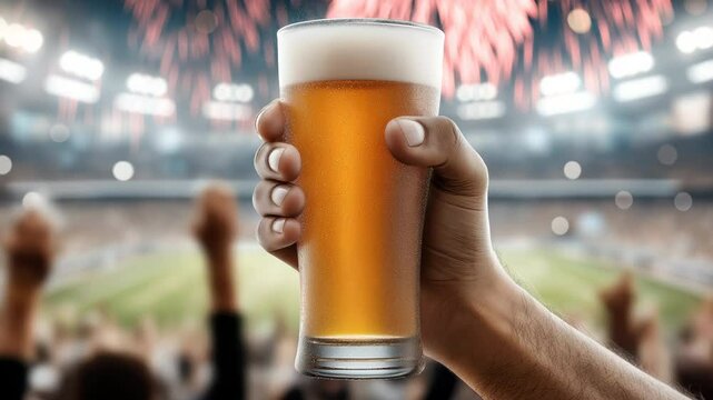 Hand holding a glass of light beer against the background of a cheering crowd at the stadium and bright fireworks in the night sky. The atmosphere of celebration, victory and sporting triumph.