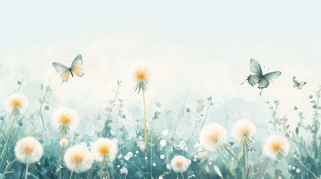 Fototapeta Watercolor painting showing a field of dandelions with butterflies on a peaceful spring day.