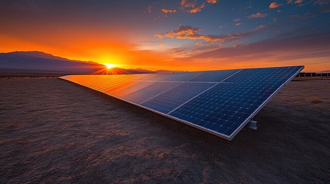 Solar panels at sunset in a desert landscape - Powered by Adobe