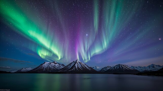 Vivid Aurora Borealis over Snowcapped Mountains and Calm Lake at Night northern lights