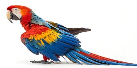 Colorful tropical parrots: vibrant red, yellow, and blue macaws with striking beaks and feathers, isolated in nature