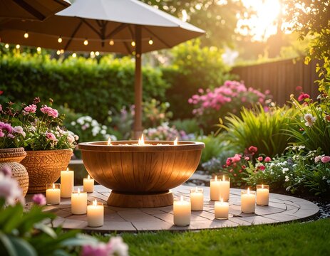 Outdoor fountain surrounded by candles and flowers