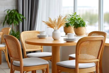 Fototapeta premium Round wooden table with wicker chairs and coffee cups in cozy dining room