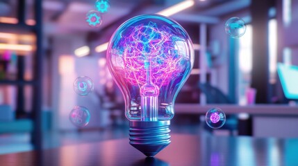 Glowing lightbulb with purple and blue energy in office at night