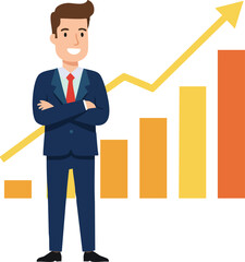 Businessman confident standing with rising bar chart in orange and yellow colors vector illustration for business growth and success concepts 