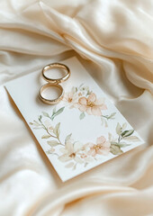 Wedding rings and floral invitation, on a silky surface, ideal for a beautiful ceremony