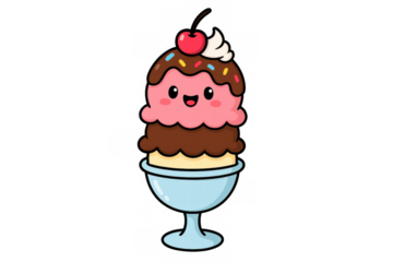 Cheerful cartoon ice cream sundae grinning, featuring cherry, chocolate syrup, colorful sprinkles on transparent background