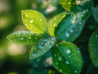 A cluster of vibrant green leaves glistens with morning dew, reflecting sunlight beautifully