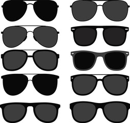 Set of black sunglasses in various styles, flat vector illustration collection of fashion eyewear, modern silhouette shades for branding, summer, travel, and accessory design.