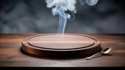Obraz premium Empty wooden cutting board with rising smoke on dark wooden table