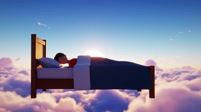 Floating bed with sleeping person above clouds at sunrise