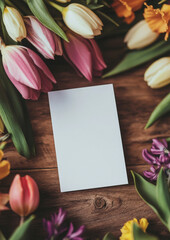 A charming floral arrangement features colorful tulips, hyacinths, and daffodils on a wooden surface.