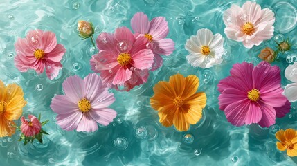 Vibrant colorful flowers and bubbles float in the turquoise water. Summer banner, nature, relaxation, spa, summer, abstraction and peace.