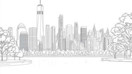 Fototapeta premium Line drawing of new york city skyline with parkland.