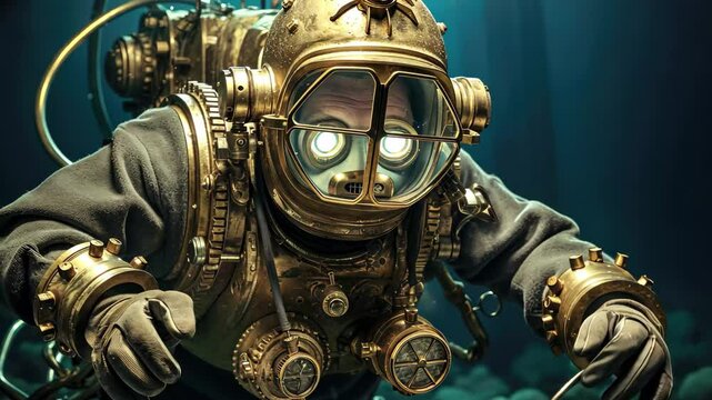 Deepsea diver exploring the ocean depths in search of priceless pearls while showcasing a vintage diving suit and glowing lights in the underwater world