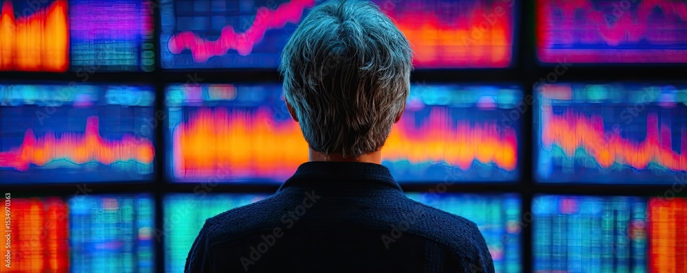 Poster Market risk perception affects confidence in returns concept. A person analyzing financial data on colorful screens.