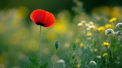 Fototapeta premium Red poppy flower among yellow and white wildflowers in field