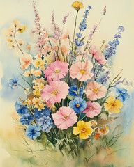 A vibrant watercolor painting showcasing an assortment of beautiful, colorful flowers in full bloom.