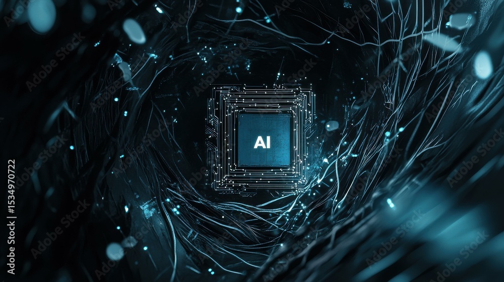 Aufkleber Abstract microchip glowing with AI in digital environment