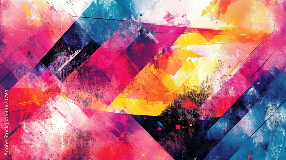Poster vibrant abstract painting with dynamic shapes and colors indoors