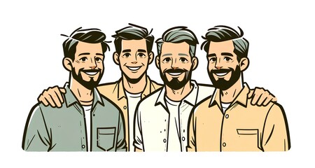Four happy men, cartoon illustration