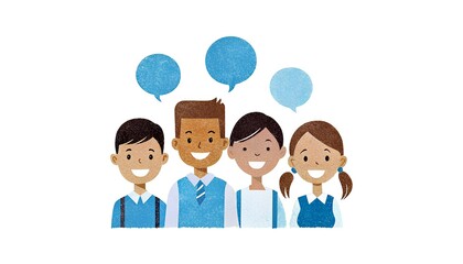 four smiling students, cartoon illustration