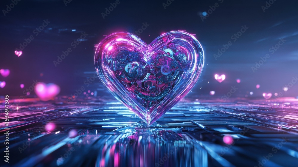 Poster translucent heart object with gears illuminated in blue and pink light