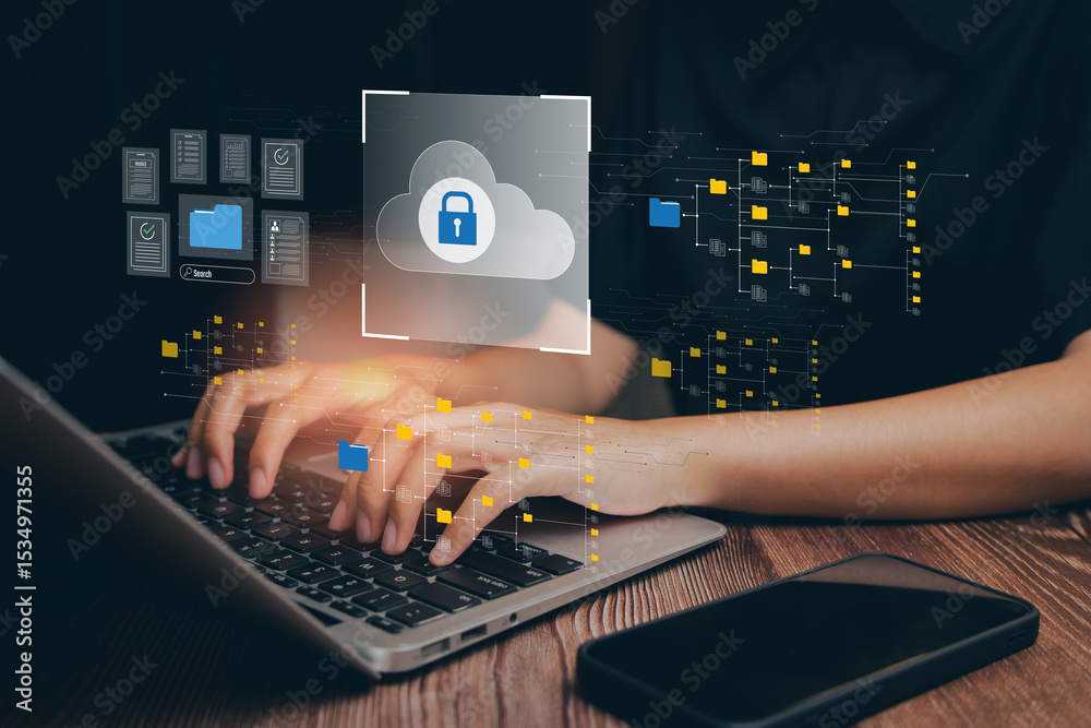 Poster file and cloud computing. hands typing on laptop with digital security and cloud computing symbols i