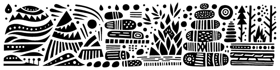Obraz premium Hand‑Drawn Mountain, Wood, and Trees Illustration – Tribal Wilderness Folk Art Pattern Vector for Nature & Adventure Themes
