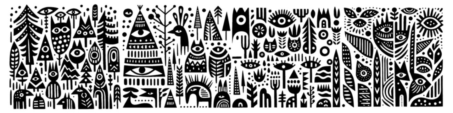 Hand‑Drawn Owl and Eyes Illustration &ndash; Tribal Nocturnal Folk Art Pattern Vector for Mystery & Forest Themes