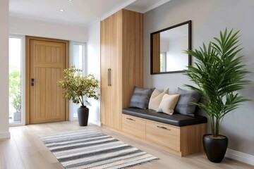 Modern hallway interior with wooden furniture, mirror and plants