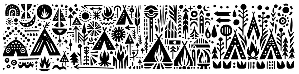 Hand‑Drawn Tent Culture and Bonfire Illustration – Tribal Camping Folk Art Pattern Vector for Outdoor & Adventure Themes