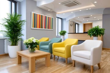 Modern waiting room with colorful armchairs and abstract painting