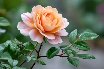 Peach rose blooming in the garden with water drops on petals