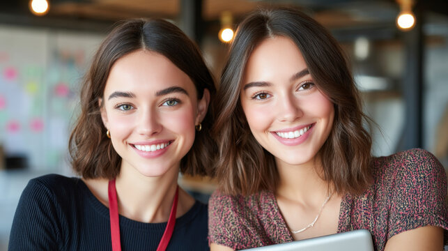 Two smiling young women with a digital tablet, likely coworkers, posing for a photo in a bright, modern office setting.